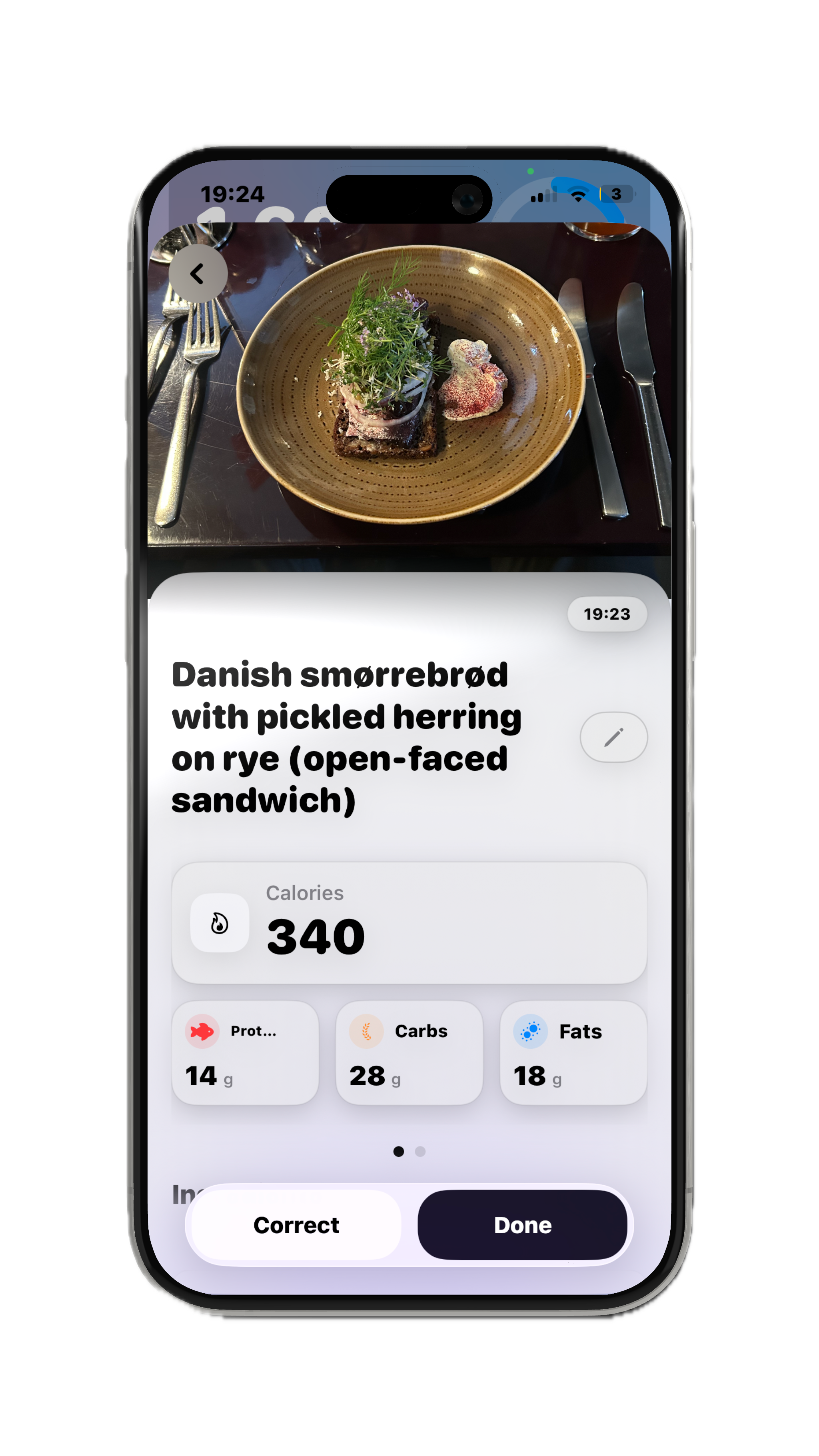 Kalí app nutritional analysis of Smørrebrød